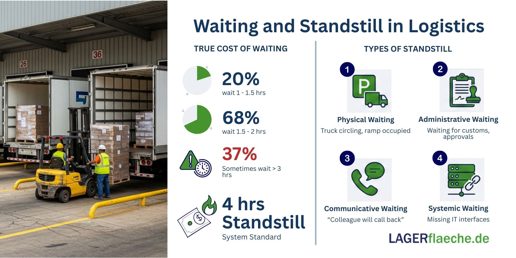 Infographic illustrating the hidden costs of logistics: Statistics on truck waiting times (68% wait 1.5–2 hours) combined with the four types of standstill (physical, administrative, communicative, systemic).